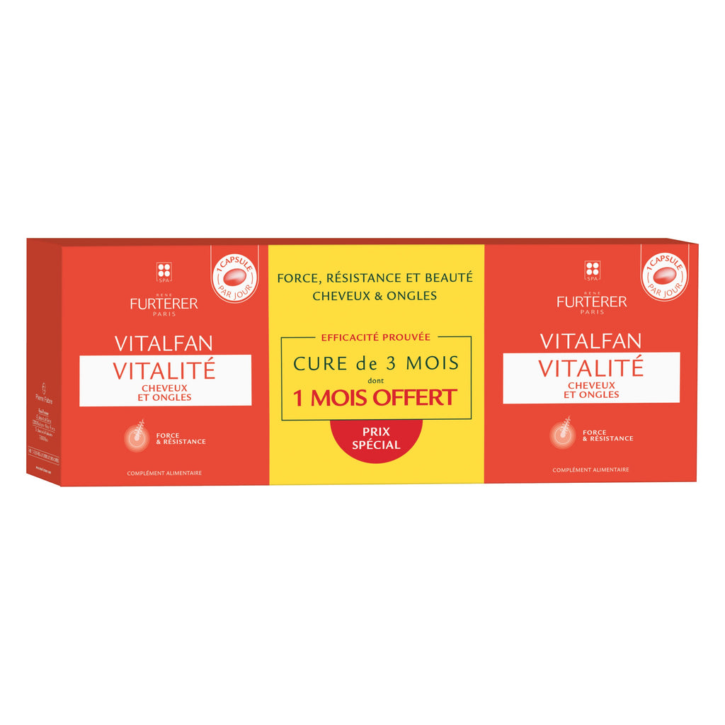 René Furterer Vitalfan Vitalidade para queda de cabelo.
 Embalagem de 90 capsulas (30 cap. x 3)